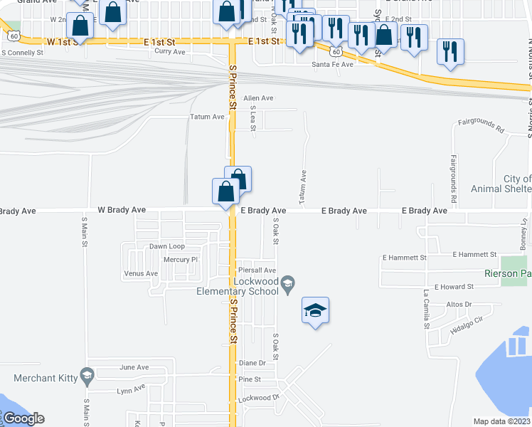 map of restaurants, bars, coffee shops, grocery stores, and more near 913 East Brady Avenue in Clovis