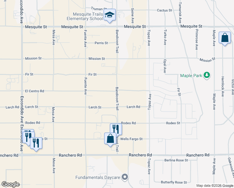 map of restaurants, bars, coffee shops, grocery stores, and more near Bandicoot Trail in Oak Hills
