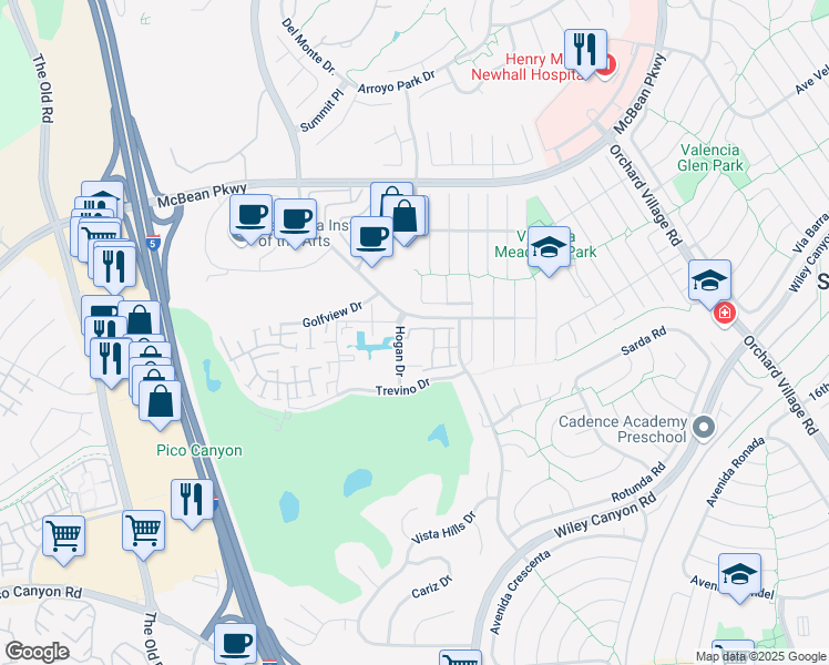 map of restaurants, bars, coffee shops, grocery stores, and more near in Santa Clarita