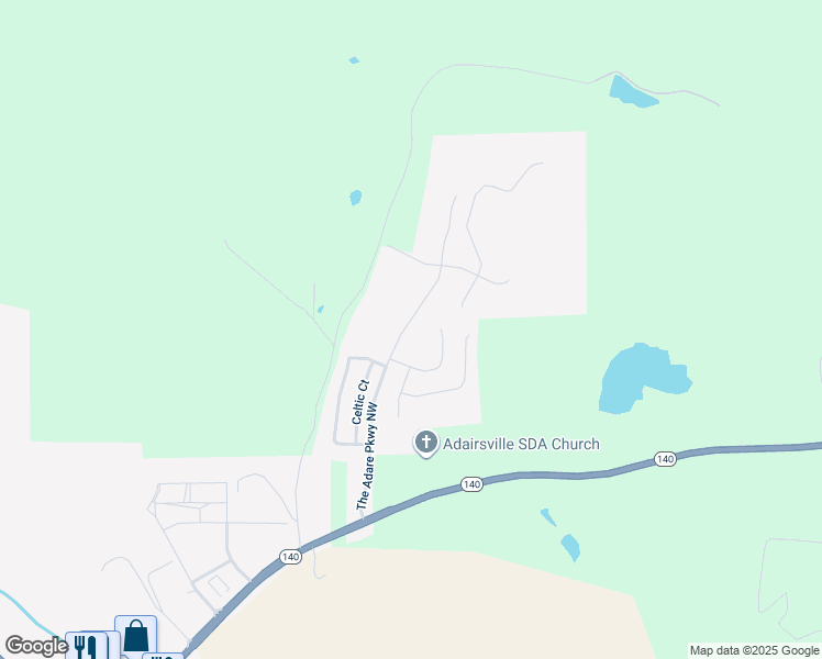 map of restaurants, bars, coffee shops, grocery stores, and more near 512 The Adare Parkway Northwest in Adairsville