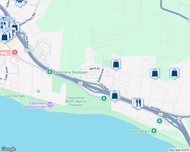 map of restaurants, bars, coffee shops, grocery stores, and more near 5961 Hickory Street in Carpinteria
