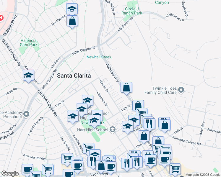 map of restaurants, bars, coffee shops, grocery stores, and more near 22859 Walnut Cottage Lane in Santa Clarita
