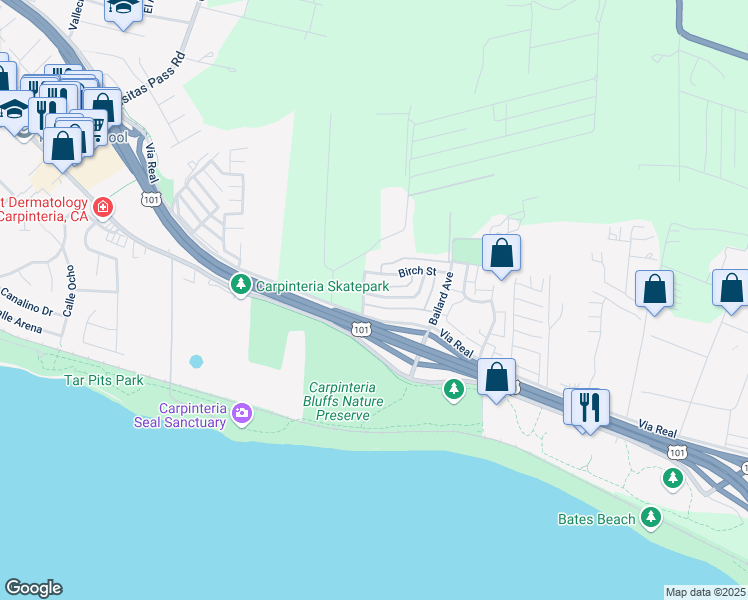 map of restaurants, bars, coffee shops, grocery stores, and more near 5910 Hickory Street in Carpinteria