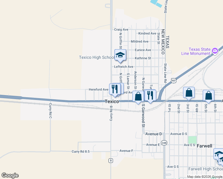 map of restaurants, bars, coffee shops, grocery stores, and more near 910 North College Street in Texico