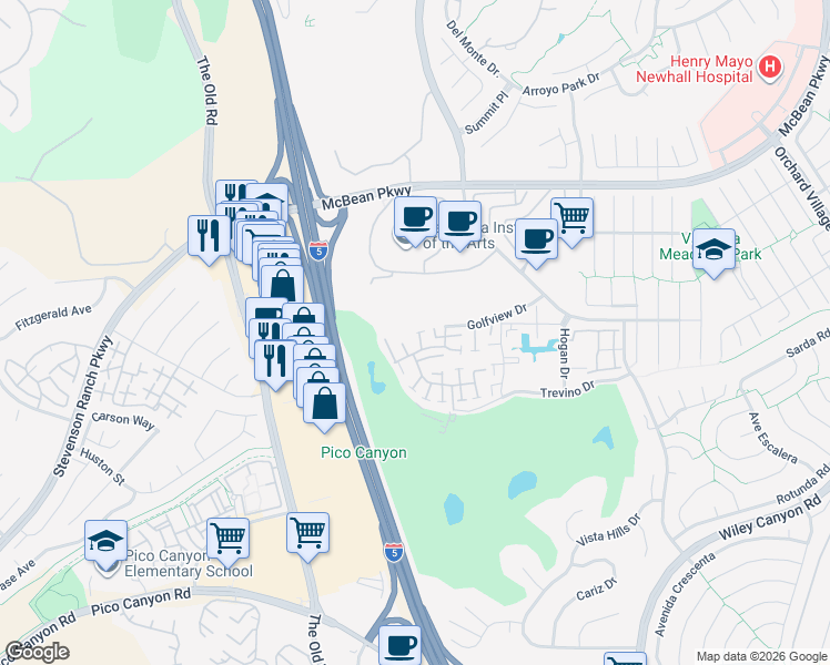 map of restaurants, bars, coffee shops, grocery stores, and more near 24739 Sand Wedge Lane in Santa Clarita