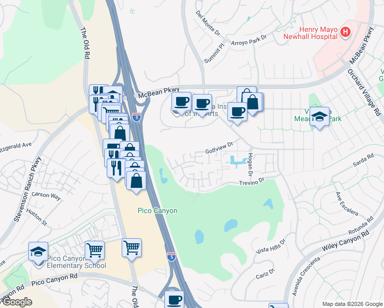 map of restaurants, bars, coffee shops, grocery stores, and more near 25795 Vista Fairways Drive in Santa Clarita