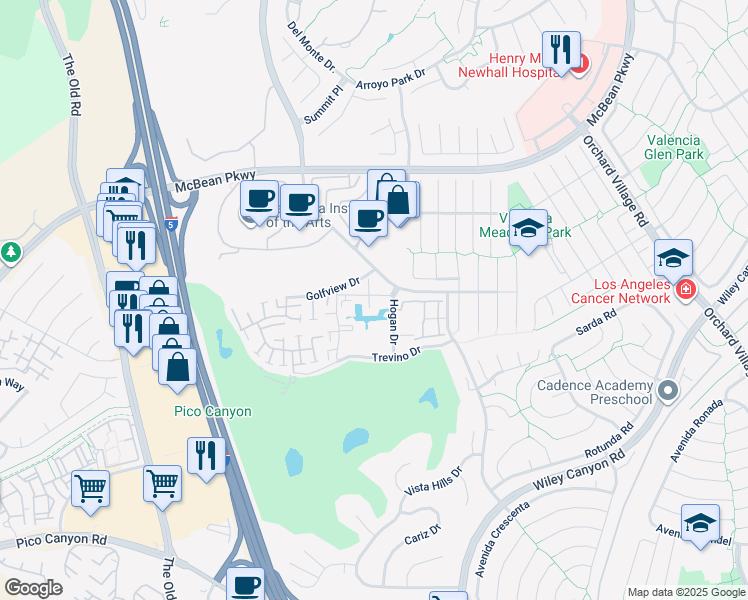 map of restaurants, bars, coffee shops, grocery stores, and more near 16410 West Nicklaus Drive in Santa Clarita