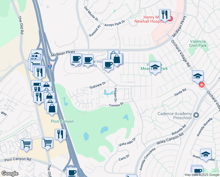 map of restaurants, bars, coffee shops, grocery stores, and more near 25811 Tournament Road in Santa Clarita