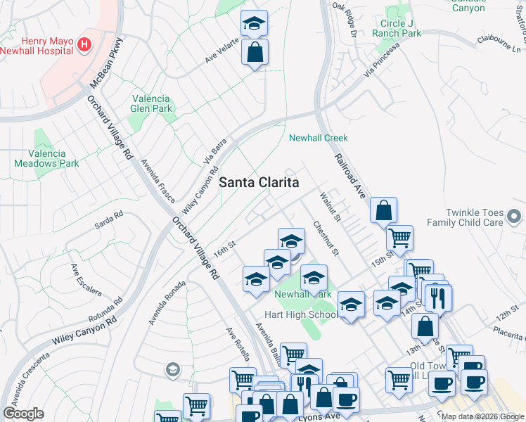map of restaurants, bars, coffee shops, grocery stores, and more near 23117 Kimmore Terrace in Santa Clarita