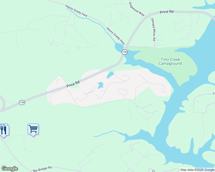 map of restaurants, bars, coffee shops, grocery stores, and more near 150 Silver Fox Dr in Dawsonville