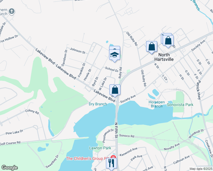 map of restaurants, bars, coffee shops, grocery stores, and more near 1024 East Lake Drive in Hartsville