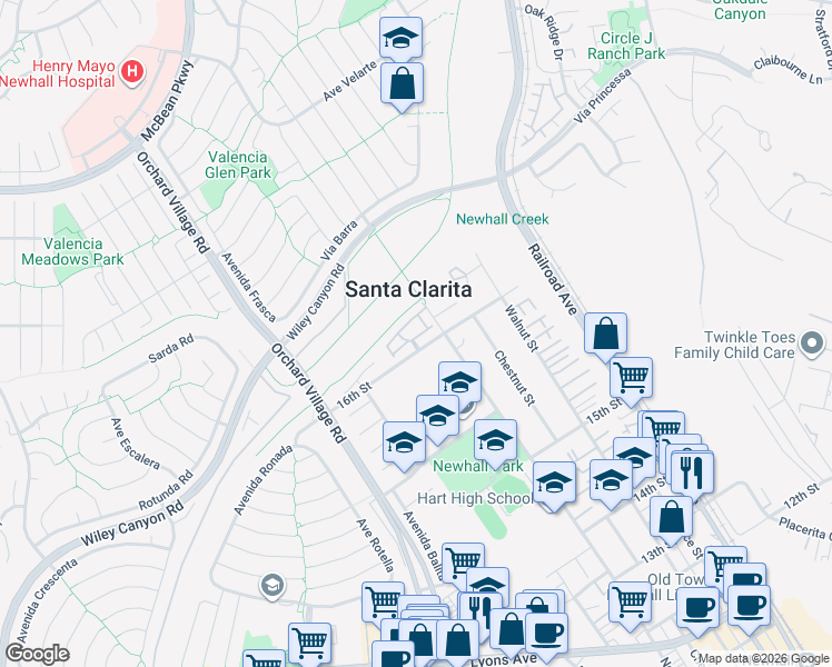 map of restaurants, bars, coffee shops, grocery stores, and more near 25101 Marci Way in Santa Clarita