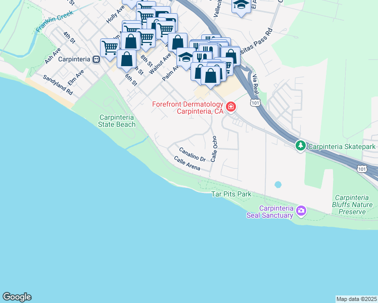 map of restaurants, bars, coffee shops, grocery stores, and more near 5538 Canalino Drive in Carpinteria