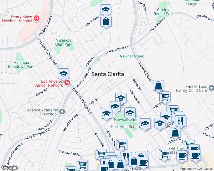 map of restaurants, bars, coffee shops, grocery stores, and more near 25149 Amberley Way in Santa Clarita