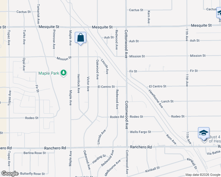 map of restaurants, bars, coffee shops, grocery stores, and more near 14777 El Centro Road in Hesperia