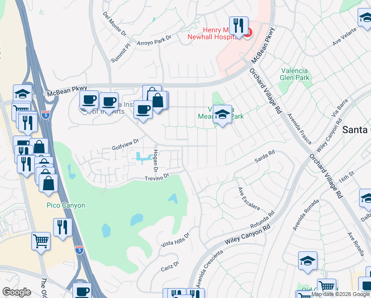 map of restaurants, bars, coffee shops, grocery stores, and more near 25695 Velan Drive in Santa Clarita
