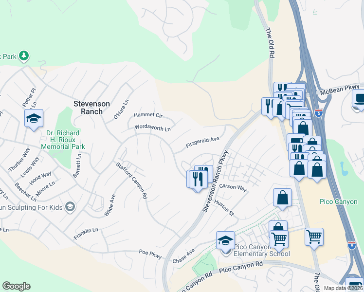 map of restaurants, bars, coffee shops, grocery stores, and more near 25525 Fitzgerald Avenue in Stevenson Ranch
