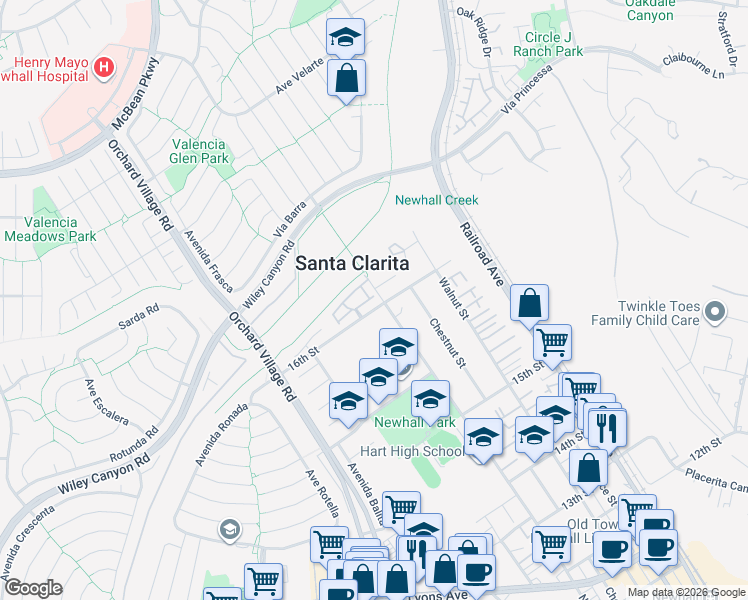 map of restaurants, bars, coffee shops, grocery stores, and more near 25101 Marci Way in Santa Clarita