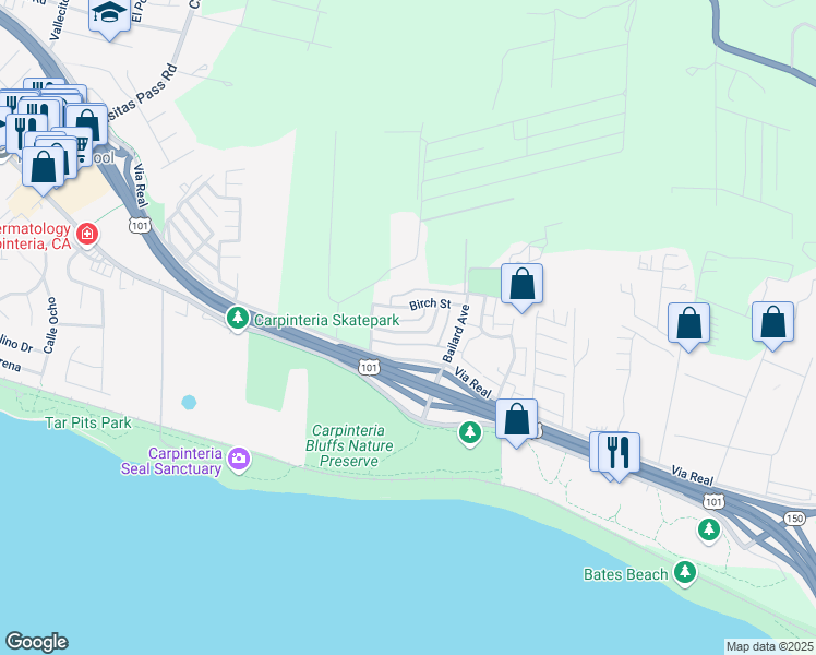 map of restaurants, bars, coffee shops, grocery stores, and more near 5940 Hickory Street in Carpinteria