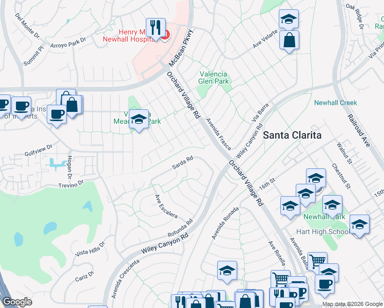 map of restaurants, bars, coffee shops, grocery stores, and more near 23805 Sarda Road in Santa Clarita