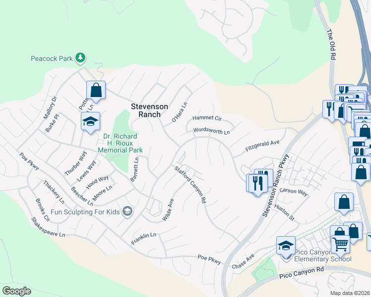 map of restaurants, bars, coffee shops, grocery stores, and more near 25847 London Place in Stevenson Ranch
