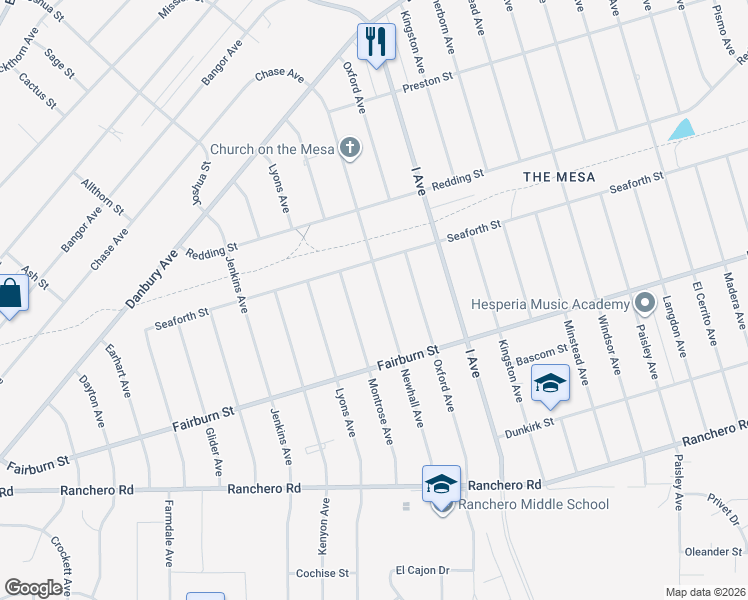 map of restaurants, bars, coffee shops, grocery stores, and more near 7670 Newhall Avenue in Hesperia