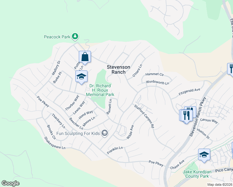 map of restaurants, bars, coffee shops, grocery stores, and more near 25820 Barnett Lane in Stevenson Ranch