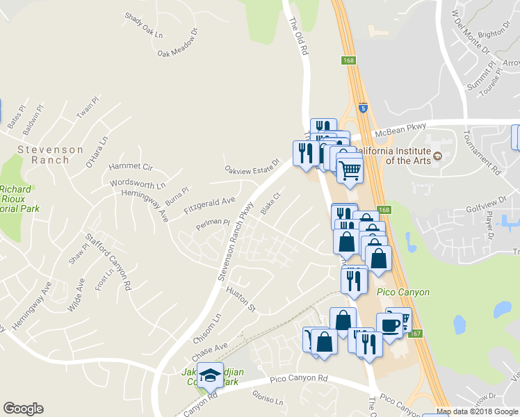 map of restaurants, bars, coffee shops, grocery stores, and more near 25809 Blake Court in Stevenson Ranch