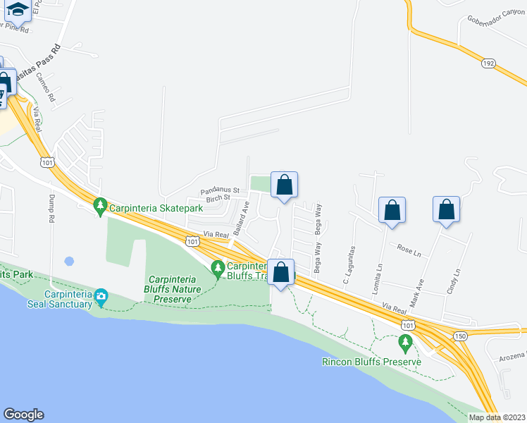 map of restaurants, bars, coffee shops, grocery stores, and more near 6048 Jacaranda Way in Carpinteria