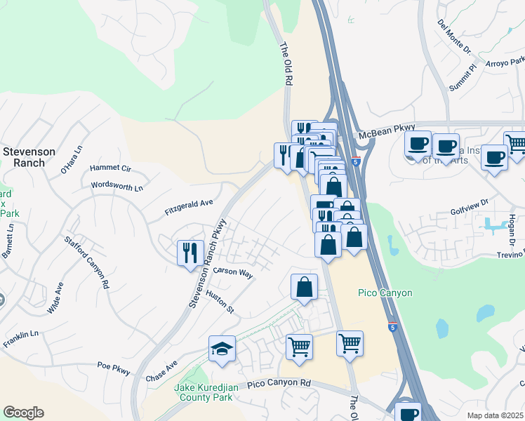 map of restaurants, bars, coffee shops, grocery stores, and more near 25821 Browning Place in Stevenson Ranch