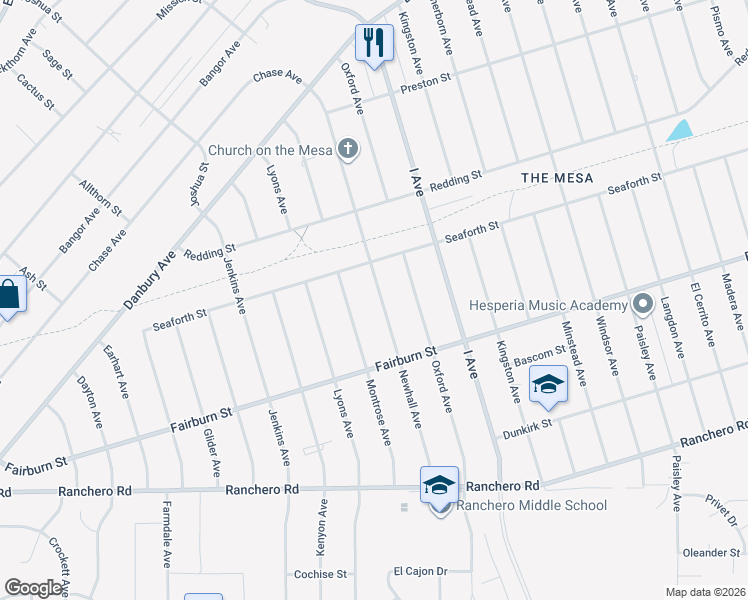 map of restaurants, bars, coffee shops, grocery stores, and more near 7670 Newhall Avenue in Hesperia
