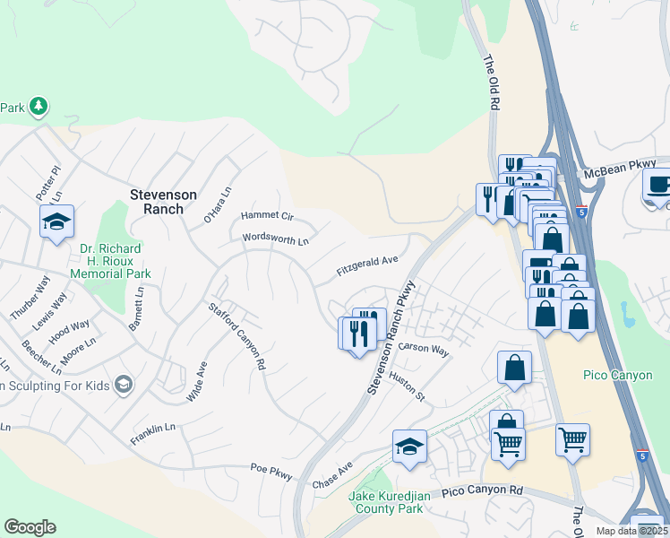 map of restaurants, bars, coffee shops, grocery stores, and more near 25525 Fitzgerald Avenue in Stevenson Ranch