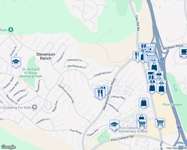 map of restaurants, bars, coffee shops, grocery stores, and more near 25525 Fitzgerald Avenue in Stevenson Ranch