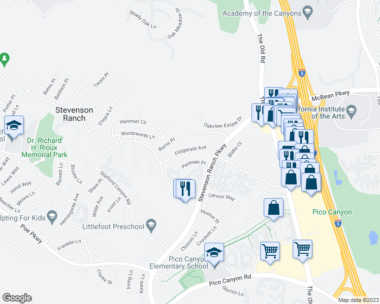 map of restaurants, bars, coffee shops, grocery stores, and more near 25442 Fitzgerald Avenue in Stevenson Ranch