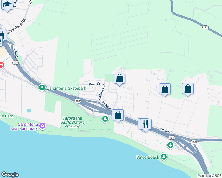 map of restaurants, bars, coffee shops, grocery stores, and more near 6048 Jacaranda Way in Carpinteria