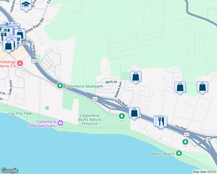 map of restaurants, bars, coffee shops, grocery stores, and more near 5940 Hickory Street in Carpinteria