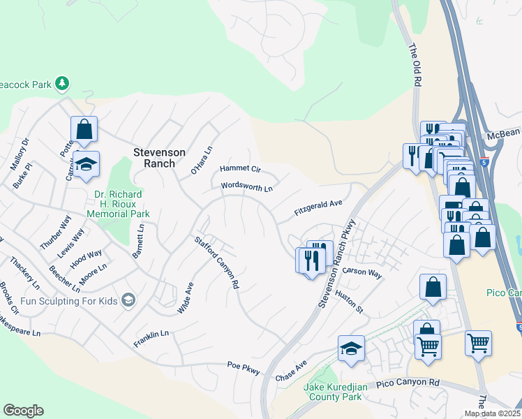 map of restaurants, bars, coffee shops, grocery stores, and more near 25577 Burns Place in Stevenson Ranch