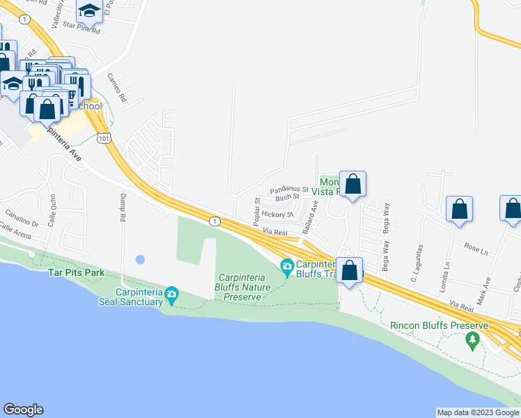 map of restaurants, bars, coffee shops, grocery stores, and more near 5910 Hickory Street in Carpinteria