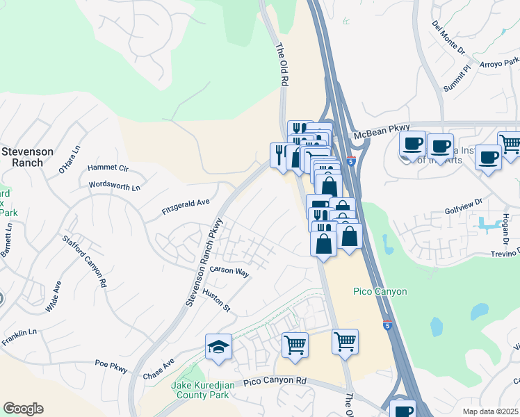 map of restaurants, bars, coffee shops, grocery stores, and more near 25823 Browning Place in Stevenson Ranch