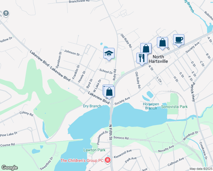 map of restaurants, bars, coffee shops, grocery stores, and more near 1024 East Lake Drive in Hartsville