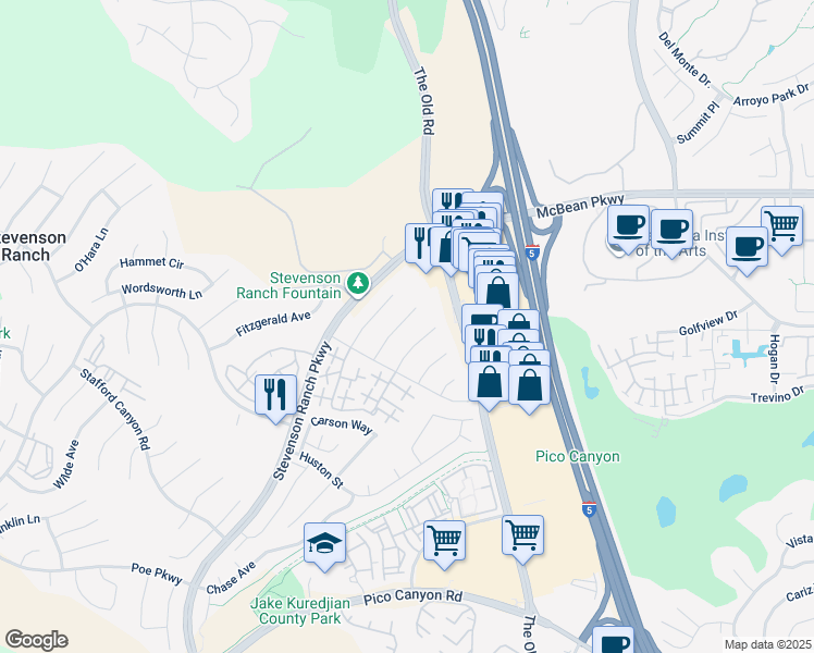 map of restaurants, bars, coffee shops, grocery stores, and more near 25830 Browning Place in Stevenson Ranch