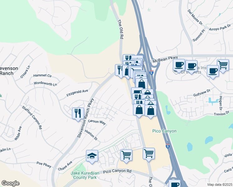 map of restaurants, bars, coffee shops, grocery stores, and more near 25823 Browning Place in Stevenson Ranch