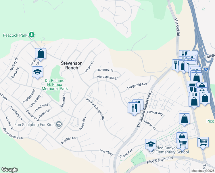 map of restaurants, bars, coffee shops, grocery stores, and more near 25852 Webster Place in Stevenson Ranch