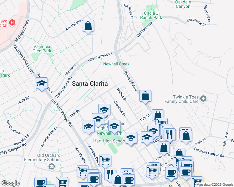 map of restaurants, bars, coffee shops, grocery stores, and more near 25055 Walnut Street in Santa Clarita