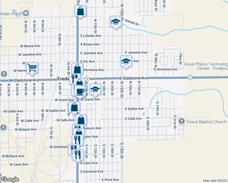map of restaurants, bars, coffee shops, grocery stores, and more near 120 North 14th Street in Frederick