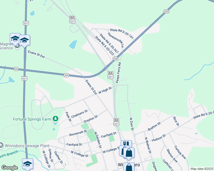 map of restaurants, bars, coffee shops, grocery stores, and more near 106 West High Street in Winnsboro