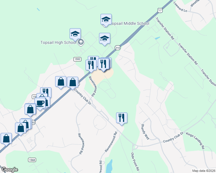 map of restaurants, bars, coffee shops, grocery stores, and more near 117 Widgeon Circle in Hampstead