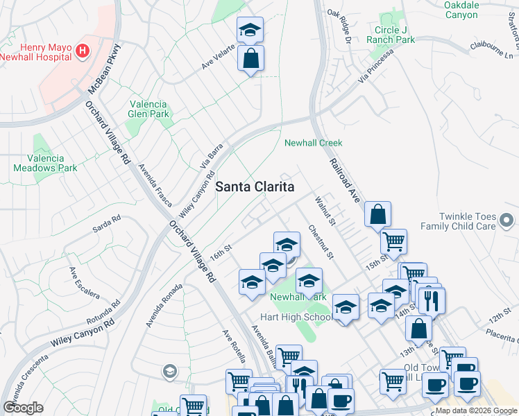 map of restaurants, bars, coffee shops, grocery stores, and more near 25101 Marci Way in Santa Clarita