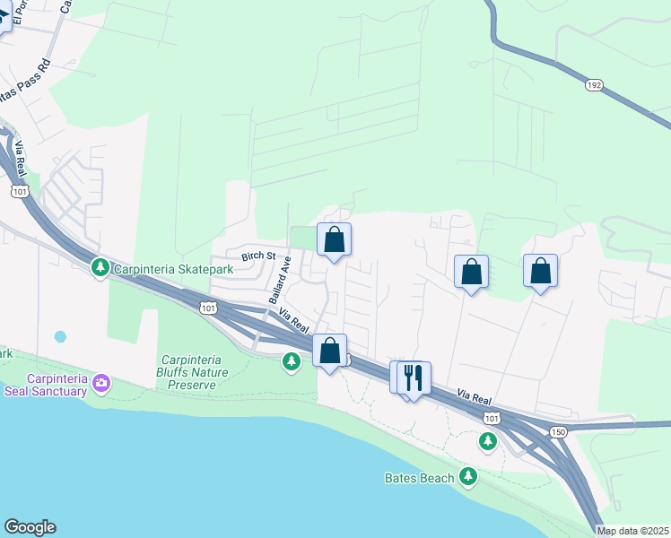 map of restaurants, bars, coffee shops, grocery stores, and more near 1092 Palmetto Way in Carpinteria