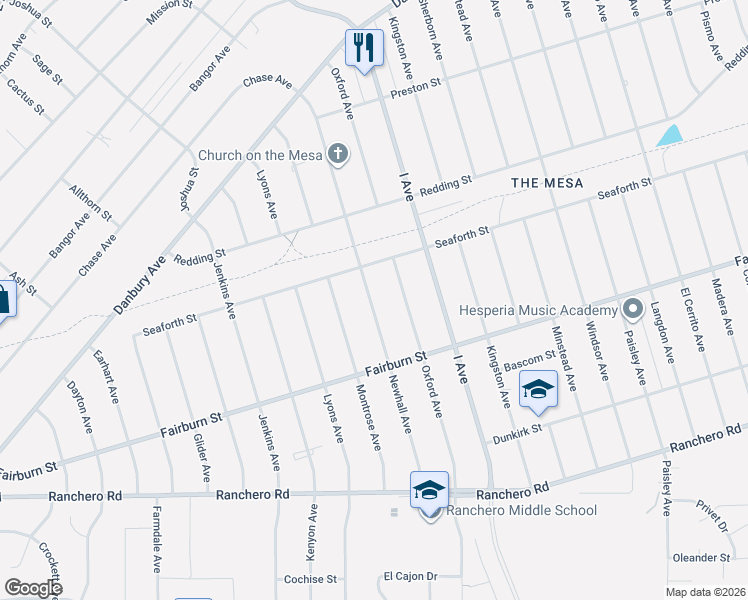 map of restaurants, bars, coffee shops, grocery stores, and more near 7681 Newhall Avenue in Hesperia
